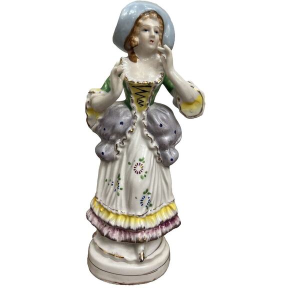 Vtg 8" Woman in Blue Hat Gold Trim Figurine Made in Japan Hand Painted Porcelain - Picture 1 of 15